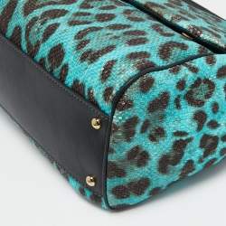 Pre Owned Dolce & Gabbana Blue/Brown Leopard Print Raffia Large Miss Sicily Top Handle Bag