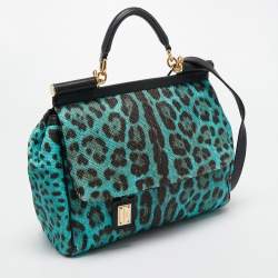 Pre Owned Dolce & Gabbana Blue/Brown Leopard Print Raffia Large Miss Sicily Top Handle Bag