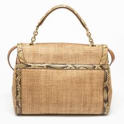 Pre Owned Dolce & Gabbana Beige Raffia and Python Leather Miss Dolce Top Handle Bag