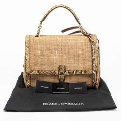 Pre Owned Dolce & Gabbana Beige Raffia and Python Leather Miss Dolce Top Handle Bag