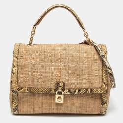 Pre Owned Dolce & Gabbana Beige Raffia and Python Leather Miss Dolce Top Handle Bag