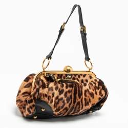 Pre Owned Dolce & Gabbana Black/Brown Leopard Print Calfhair and Leather Frame Satchel