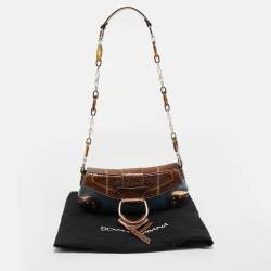 Pre Owned Dolce & Gabbana Brown/Blue Denim and Snakeskin D Ring Flap Shoulder Bag