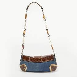 Pre Owned Dolce & Gabbana Brown/Blue Denim and Snakeskin D Ring Flap Shoulder Bag