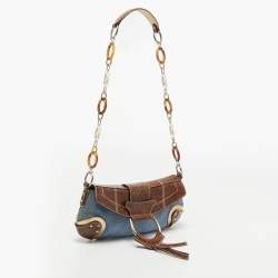 Pre Owned Dolce & Gabbana Brown/Blue Denim and Snakeskin D Ring Flap Shoulder Bag