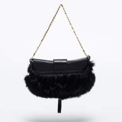 Pre Owned Dolce & Gabbana Black Mink Fur and Leather D Ring Flap Pochette Bag