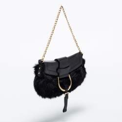 Pre Owned Dolce & Gabbana Black Mink Fur and Leather D Ring Flap Pochette Bag