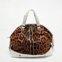 Pre Owned Dolce & Gabbana White/Brown Leopard Print Calfhair and Leather Tassel Bowler Bag