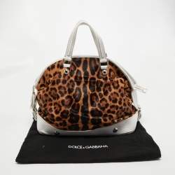 Pre Owned Dolce & Gabbana White/Brown Leopard Print Calfhair and Leather Tassel Bowler Bag