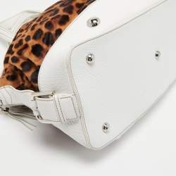 Pre Owned Dolce & Gabbana White/Brown Leopard Print Calfhair and Leather Tassel Bowler Bag