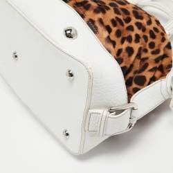 Pre Owned Dolce & Gabbana White/Brown Leopard Print Calfhair and Leather Tassel Bowler Bag