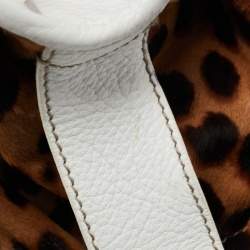 Pre Owned Dolce & Gabbana White/Brown Leopard Print Calfhair and Leather Tassel Bowler Bag