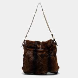 Pre Owned Dolce and Gabbana Brown Leather and Mink Fur D Ring Studded Shoulder Bag