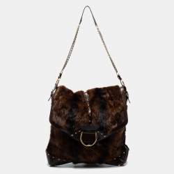 Pre Owned Dolce and Gabbana Brown Leather and Mink Fur D Ring Studded Shoulder Bag