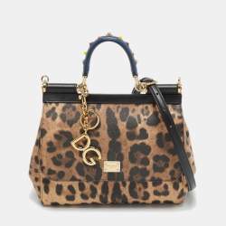 Pre Owned Dolce & Gabbana Black/Beige Leopard Print Coated Canvas and Leather Medium Studded Sicily Top Handle Bag