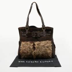 Pre Owned Dolce & Gabbana Brown/Beige Logo Embossed Suede and Calf Hair Tote