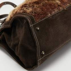 Pre Owned Dolce & Gabbana Brown/Beige Logo Embossed Suede and Calf Hair Tote