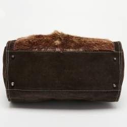 Pre Owned Dolce & Gabbana Brown/Beige Logo Embossed Suede and Calf Hair Tote