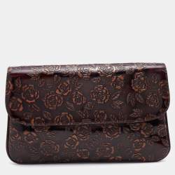Dolce & Gabbana Dark Brown Floral Embossed Leather Flap Clutch