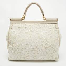 Pre Owned Dolce & Gabbana White/Beige Lace Miss Sicily Top Handle Bag