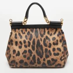 Pre Owned Dolce & Gabbana Brown/Black Leopard Print Coated Canvas and Leather Medium Miss Sicily Top Handle Bag