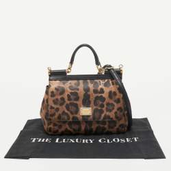 Pre Owned Dolce & Gabbana Brown/Black Leopard Print Coated Canvas and Leather Medium Miss Sicily Top Handle Bag