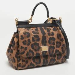 Pre Owned Dolce & Gabbana Brown/Black Leopard Print Coated Canvas and Leather Medium Miss Sicily Top Handle Bag