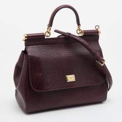 Pre Owned Dolce & Gabbana Burgundy Lizard Embossed Leather Medium Miss Sicily Top Handle Bag