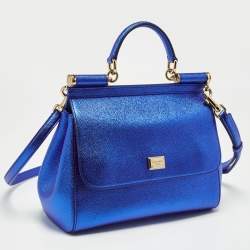 Dolce & Gabbana Metallic Blue Leather Medium Miss Sicily Top Handle Bag