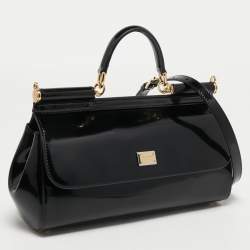 Pre Owned Dolce & Gabbana Black Patent Leather Long Medium Miss Sicily Top Handle Bag