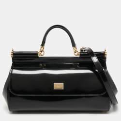 Pre Owned Dolce & Gabbana Black Patent Leather Long Medium Miss Sicily Top Handle Bag