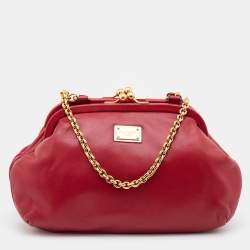 Pre Owned Dolce & Gabbana Red Leather Kiss Lock Chain Clutch