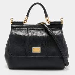 Pre Owned Dolce & Gabbana Black Leather and Watersnake Medium Miss Sicily Top Handle Bag