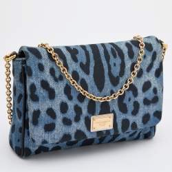 Pre Owned Dolce & Gabbana Blue/Black Leopard Print Denim Chain Shoulder Bag
