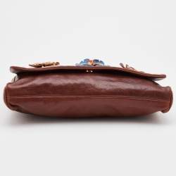 Pre Owned Dolce & Gabbana Brown Leather Studded Flower Flap Shoulder Bag