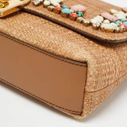 Pre Owned Dolce & Gabbana Brown Raffia and Leather Padlock Crystals Embellished Shoulder Bag