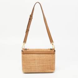 Pre Owned Dolce & Gabbana Brown Raffia and Leather Padlock Crystals Embellished Shoulder Bag