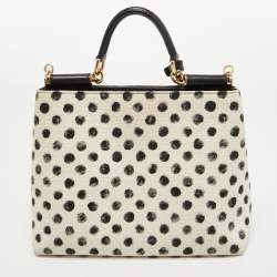 Pre Owned Dolce & Gabbana White/Black Polka Canvas and Leather Sicily Tote
