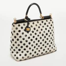 Pre Owned Dolce & Gabbana White/Black Polka Canvas and Leather Sicily Tote