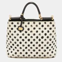 Pre Owned Dolce & Gabbana White/Black Polka Canvas and Leather Sicily Tote