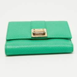 Pre Owned Dolce & Gabbana Green Leather Trifold Compact Wallet