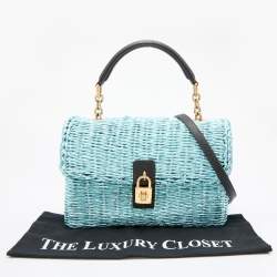 Pre Owned Dolce & Gabbana Metallic Blue/Black Woven Straw and Leather Miss Dolce Top Handle Bag