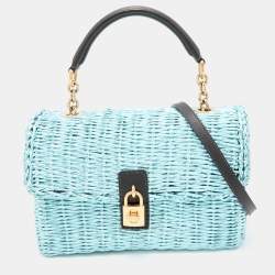 Dolce & Gabbana Metallic Blue/Black Woven Straw and Leather Miss Dolce Top Handle Bag