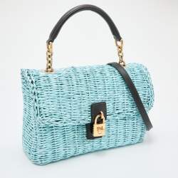 Pre Owned Dolce & Gabbana Metallic Blue/Black Woven Straw and Leather Miss Dolce Top Handle Bag