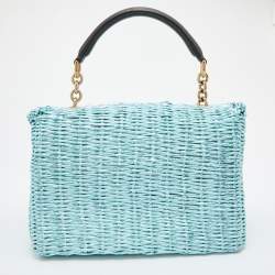 Dolce & Gabbana Metallic Blue/Black Woven Straw and Leather Miss Dolce Top Handle Bag