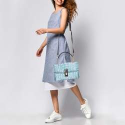 Pre Owned Dolce & Gabbana Metallic Blue/Black Woven Straw and Leather Miss Dolce Top Handle Bag