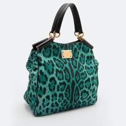 Pre Owned Dolce & Gabbana Green/Black Leopard Print Canvas and Leather Tote