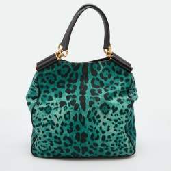 Pre Owned Dolce & Gabbana Green/Black Leopard Print Canvas and Leather Tote