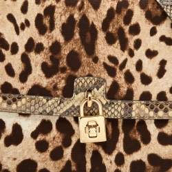 Pre Owned Dolce & Gabbana Beige/Brown Leopard Print Canvas and Python Miss Dolce Top Handle Bag