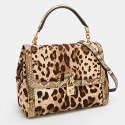 Pre Owned Dolce & Gabbana Beige/Brown Leopard Print Canvas and Python Miss Dolce Top Handle Bag